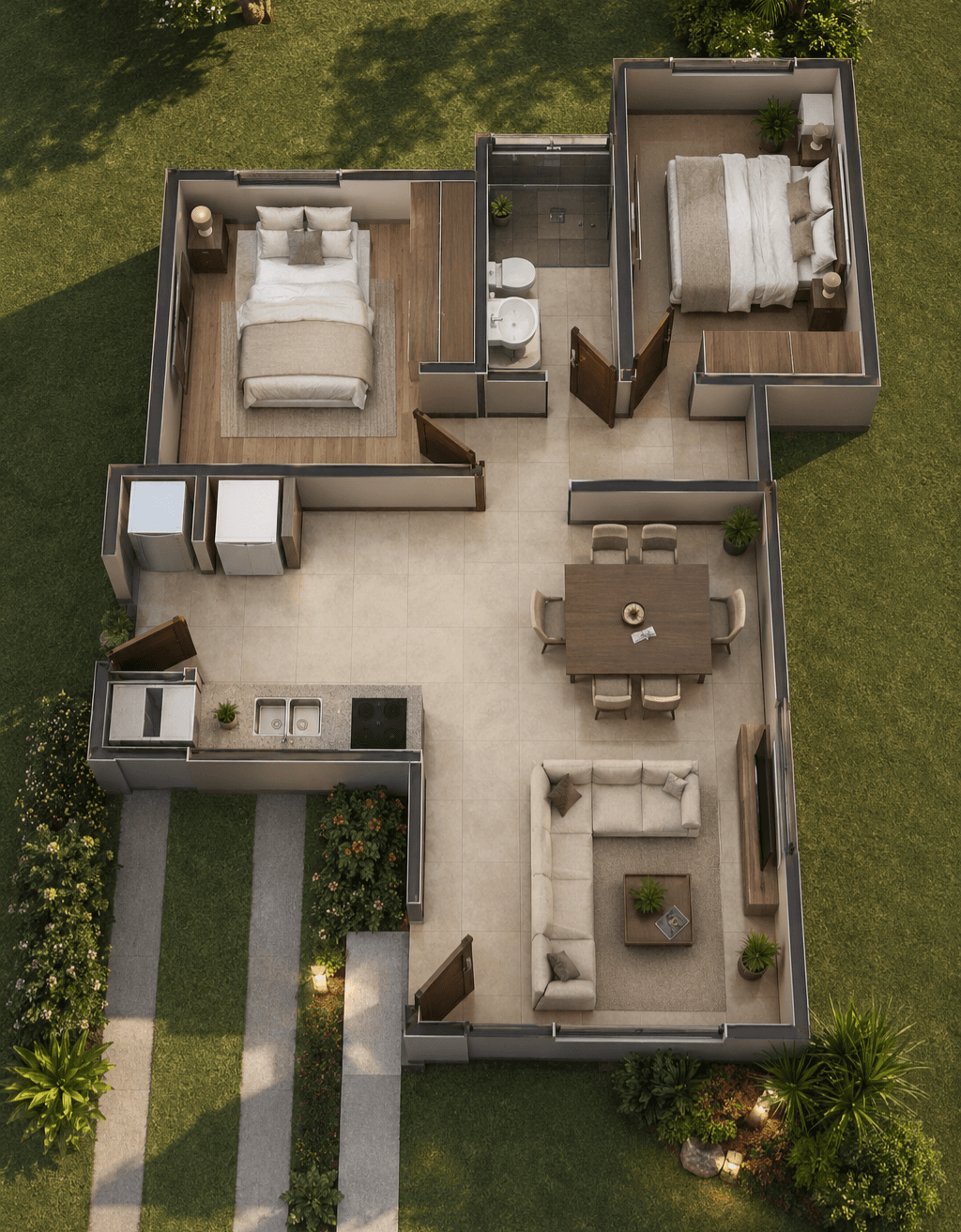 Planta arquitectónica humanizada de un modelo de 2 recámaras en Residencial Buenavista
